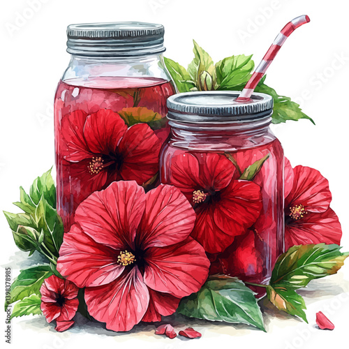 Hibiscus Tea Agua de Jamaica, watercolor illustration, isolated on a white background.

