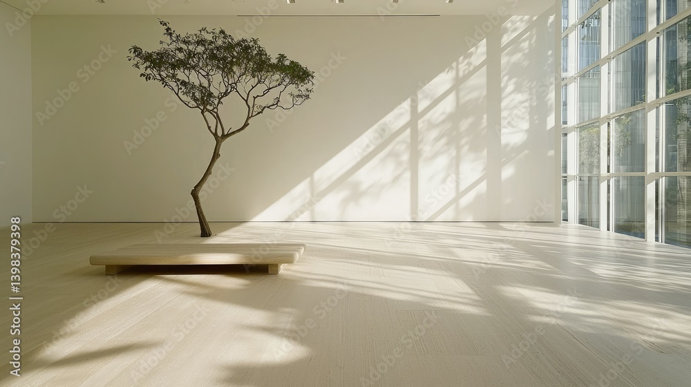 Obraz premium Interior design featuring a small tree and long bench structure