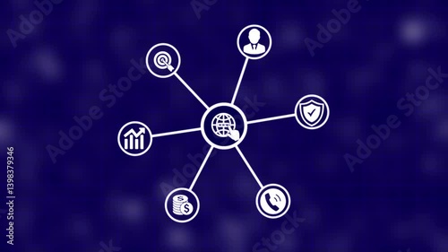 Animation of network of connections with people icons with glowing spots Social Network Growing Connections selecting one individual from the group moves up and surrounded by business icons