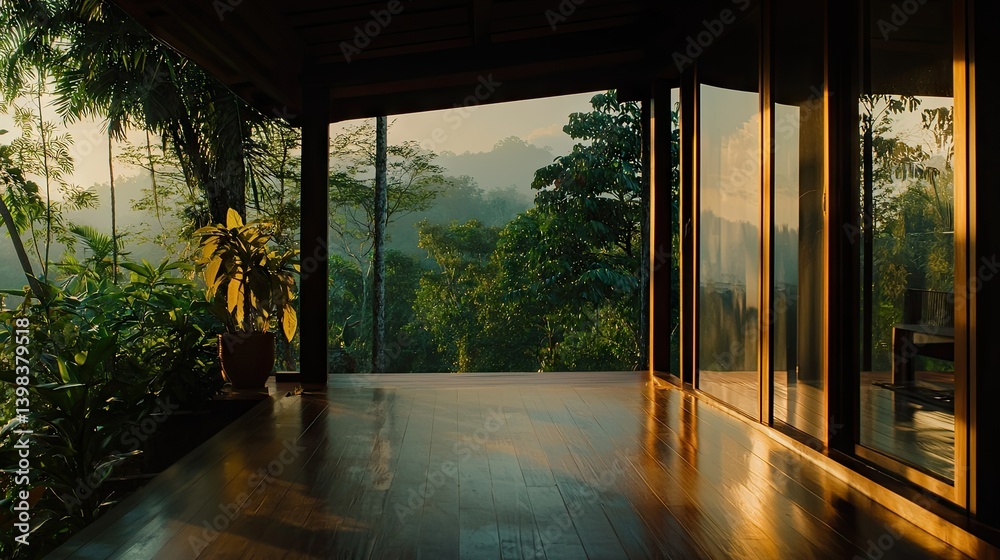 Interior view showing lush trees and a wooden floor Interior view showing lush trees and a wooden floor