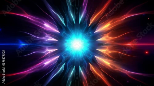 Abstract energy burst with vibrant colors radiating from a central bright light source