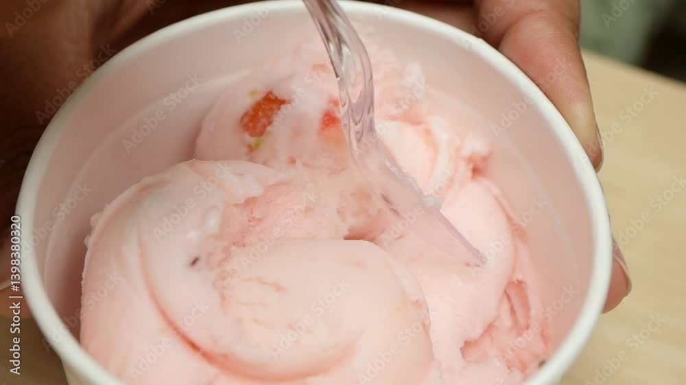 Enjoying delicious strawberry ice cream in a cozy cafe Enjoying delicious strawberry ice cream in a cozy cafe