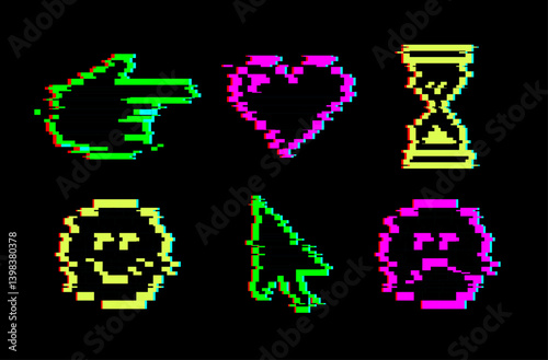 Glitch Cyber Pixel emoji. Y2k Pixel Heart, Cursor, hourglass, Smile Stickers for collage. Neon Emoticon symbol isolated for retro futuristic interface. Vector retro distorted Acid illustration black