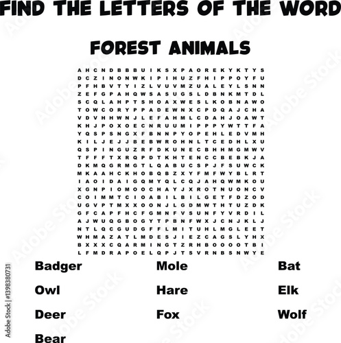 Forest Animals Word Search Puzzle Educational Game For Kids Learning Activity