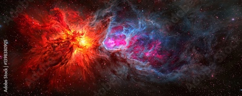 A vibrant cosmic scene featuring swirling colors of red, blue, and purple against a backdrop of stars, depicting the beauty of outer space.