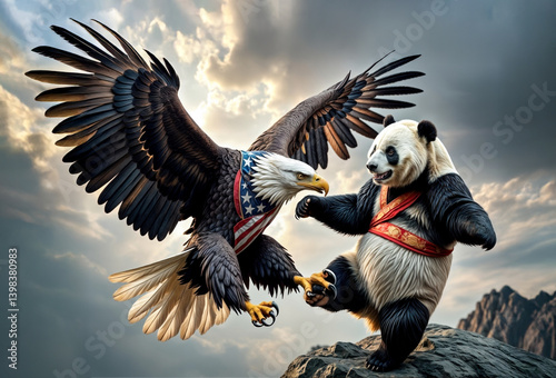 USA and China Trade War Concept: A bald eagle wearing the American flag and a giant panda wearing a red chinse sash with yellow decorations face each other on the edge of a mountain