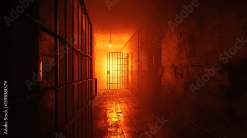 A dimly lit prison hallway with a barred doorway leading to an orange glow.