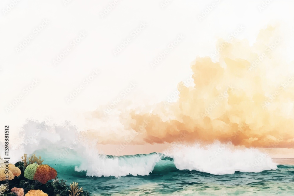 Fototapeta premium Dark stormy waves crashing over coral reef in a moody ocean scene.