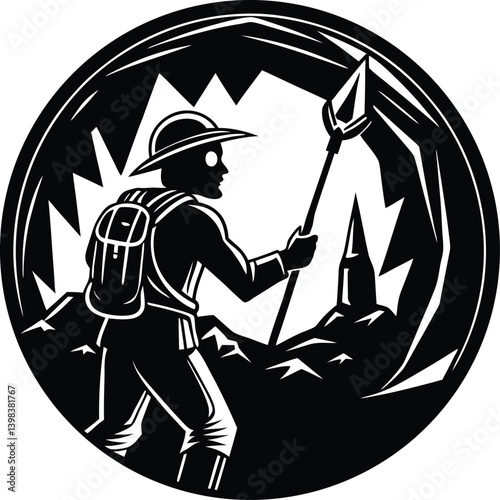 Cave Explorer Round Silhouettes Vector | Adventure, Exploration & Nature Line Art