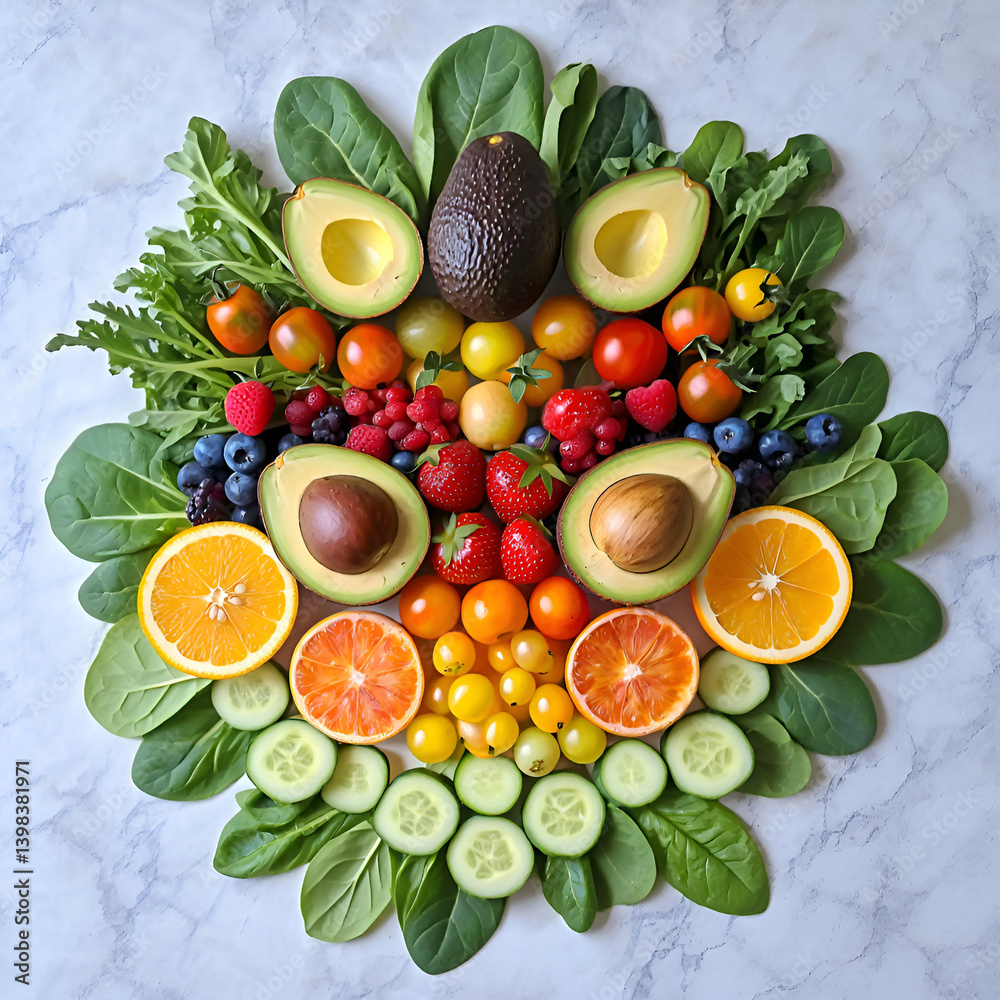 Vegan food selection in a flat lay circular pattern featuring a variety of fruits and vegetables. Clean neutral surface, daylight-style lighting, ingredients like tomatoes, lemons, berries, kale, avoc Vegan food selection in a flat lay circular pattern featuring a variety of fruits and vegetables. Clean neutral surface, daylight-style lighting, ingredients like tomatoes, lemons, berries, kale, avoc