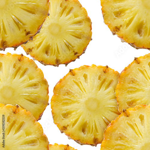 Many big pineapple slices seamless pattern isolated on transparent background. Bright tropical fruit print. Detailed texture photo close up. Food image for juice, skincare, peeling packaging design