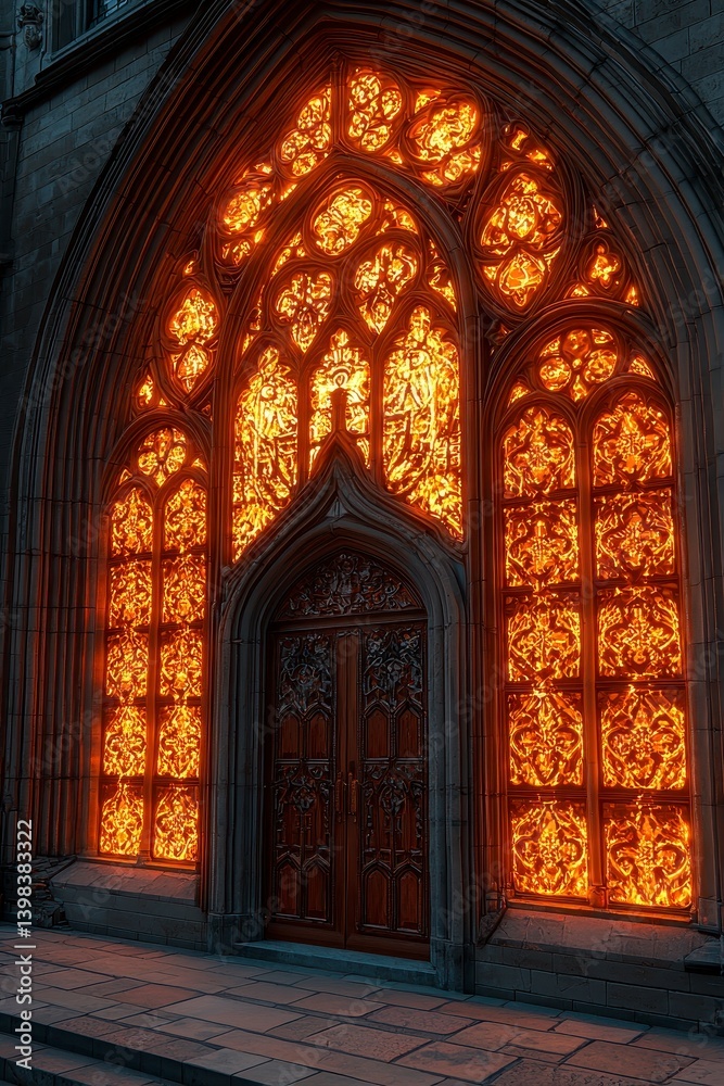 Fototapeta premium Glowing Orange Stained Glass Gothic Doorway