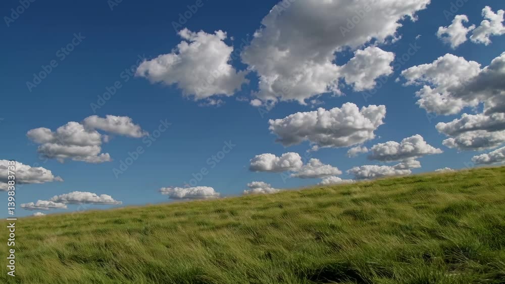 A serene landscape video featuring a low-angle view of a grassy field under a sky dotted with fluffy clouds, capturing a peaceful, natural vibe. A serene landscape video featuring a low-angle view of a grassy field under a sky dotted with fluffy clouds, capturing a peaceful, natural vibe.