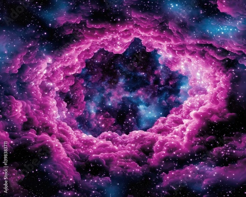 A vibrant cosmic scene featuring swirling clouds of purple and blue, encapsulating a starry void, evoking a sense of wonder and the vastness of space.
