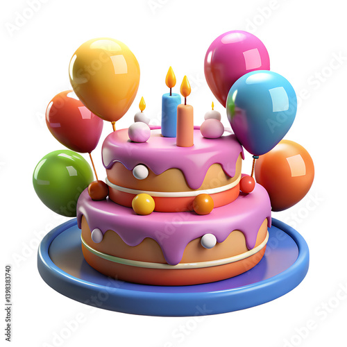 Festive Two Tiered Birthday Cake with Colorful Balloons A Delightful 3D Render