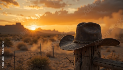 Cowboy Hat Resting on Fence Post at Sunset in Desert Landscape