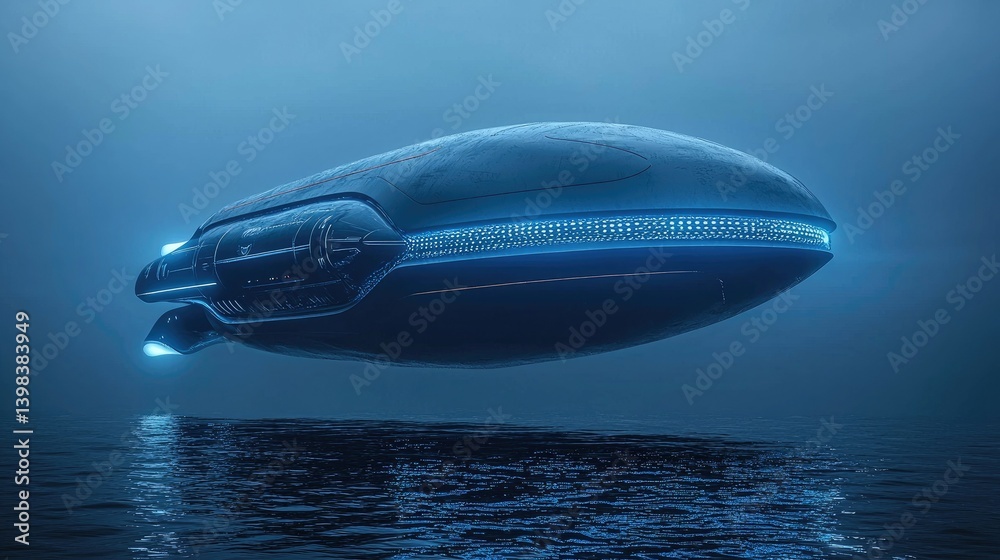 Fototapeta premium A futuristic airship gracefully floats above a tranquil body of water