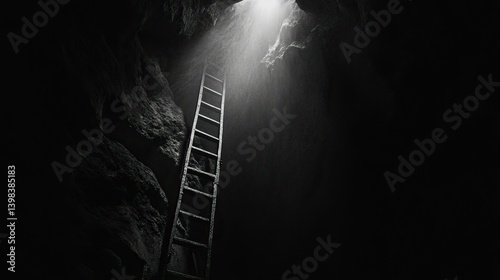 A lone ladder ascends into a dark, cavernous space, illuminated by a faint light above.