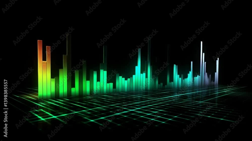 Abstract colorful audio equalizer visualization on dark background glowing music waves illustration