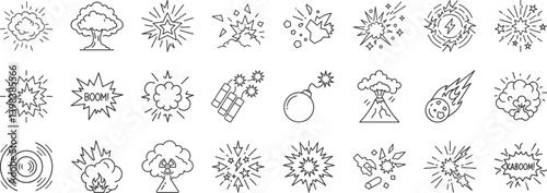 Explosion, detonation line icon set. Vector pictograms of blast, impact, explosive forces, bomb, dynamite, mushroom cloud, shockwave thin linear illustration.