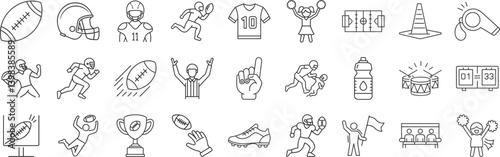 American Football line icon set. Vector pictograms of players, equipment, game elements, team spirit, quarterback ball, touchdown, referee thin linear illustration.