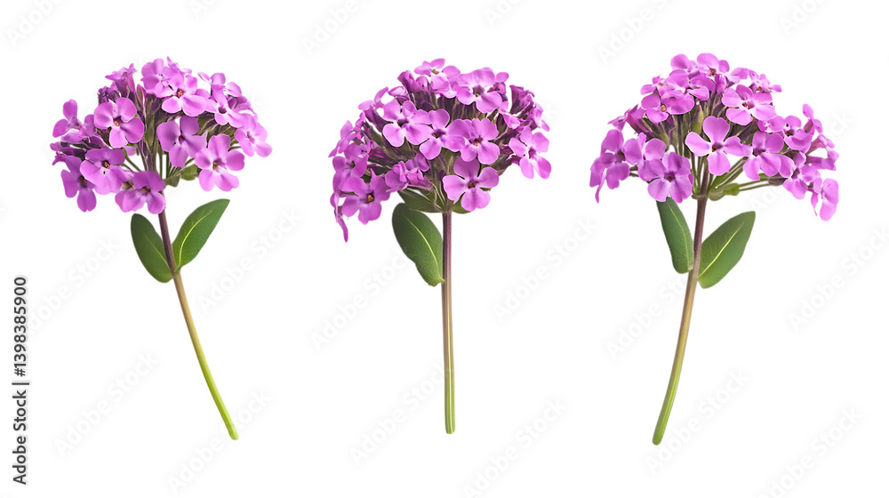 Fototapeta premium Three sprigs of wild thyme with small purple flowers are isolated on a transparent background for easy design use.