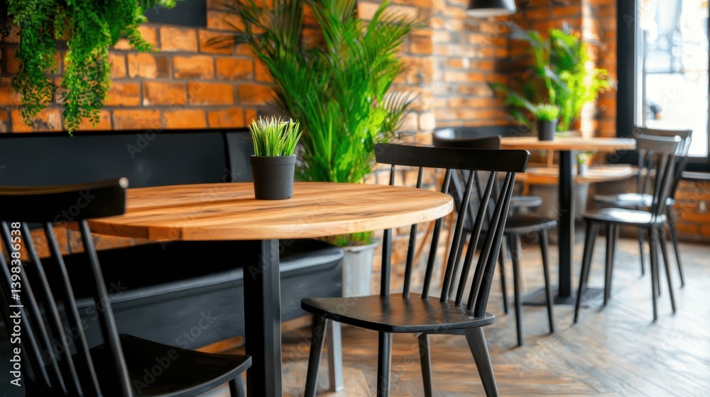 A cozy cafe interior featuring wooden tables, black chairs, vibrant plants, and a warm brick wall ambiance.