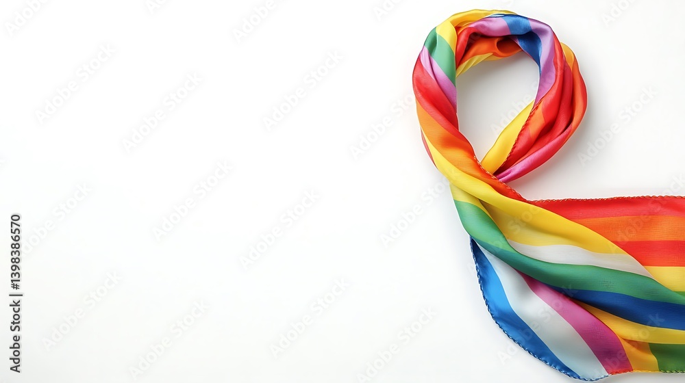 Fototapeta premium A thin cotton scarf in rainbow stripes, styled as a chic necktie, against a crisp white background.