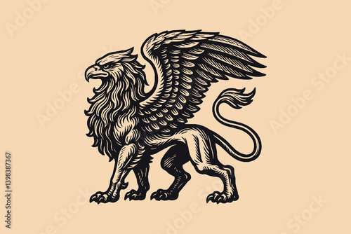 Mythical griffin in bold black engraving style