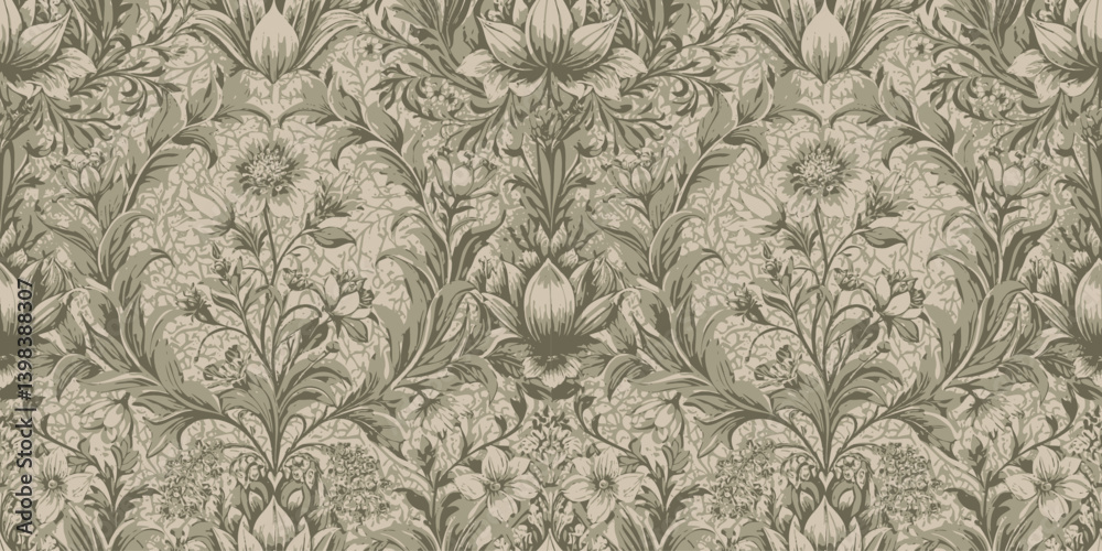 Fototapeta premium Elegant floral wallpaper pattern in soft green and cream tones.