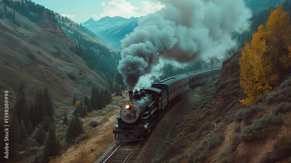 Fototapeta premium A vintage steam train chugs through a mountain valley, spewing smoke.