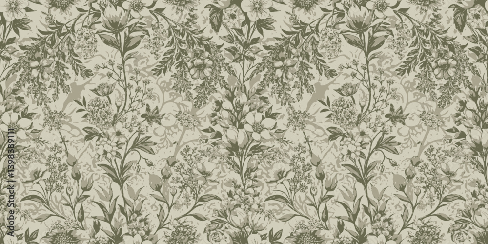 Obraz premium Beautiful botanical floral pattern in muted greens and creams.