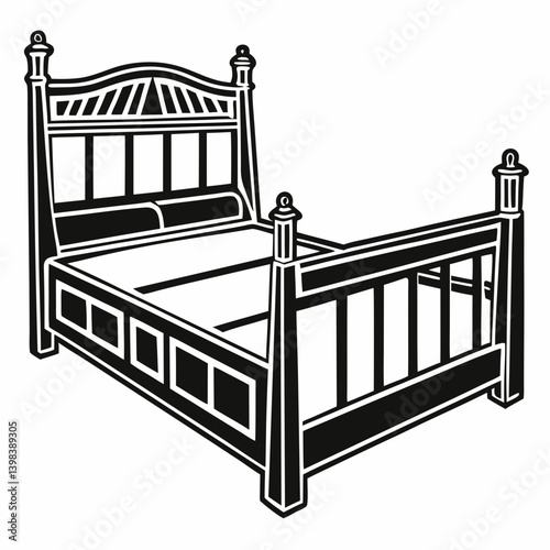 Classic vintage wooden bed frame with high headboard and footboard drawing

