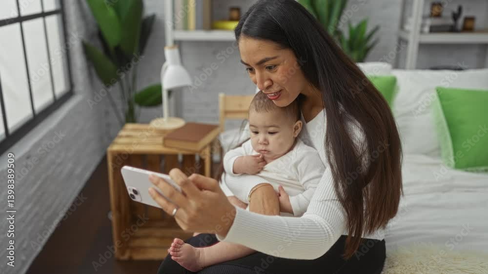 Mother and daughter sharing a loving video call on a smartphone while relaxing on a cozy bed in a stylish bedroom, showcasing family warmth and modern technology indoors.
