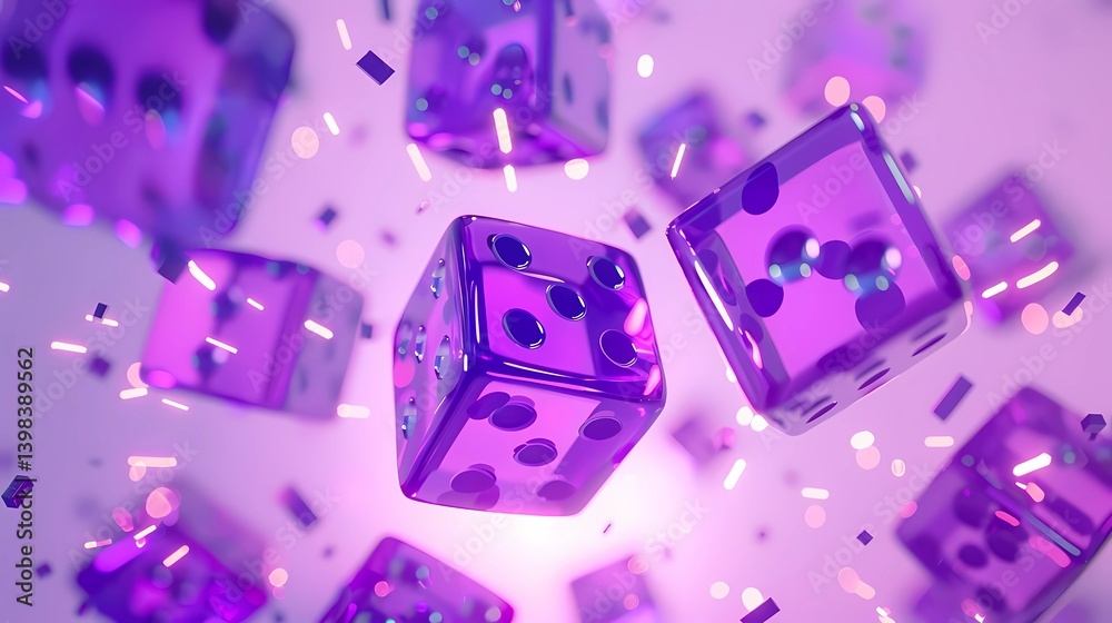 A stack of falling dices with violet sparks on a white background, Generative AI illustrations.