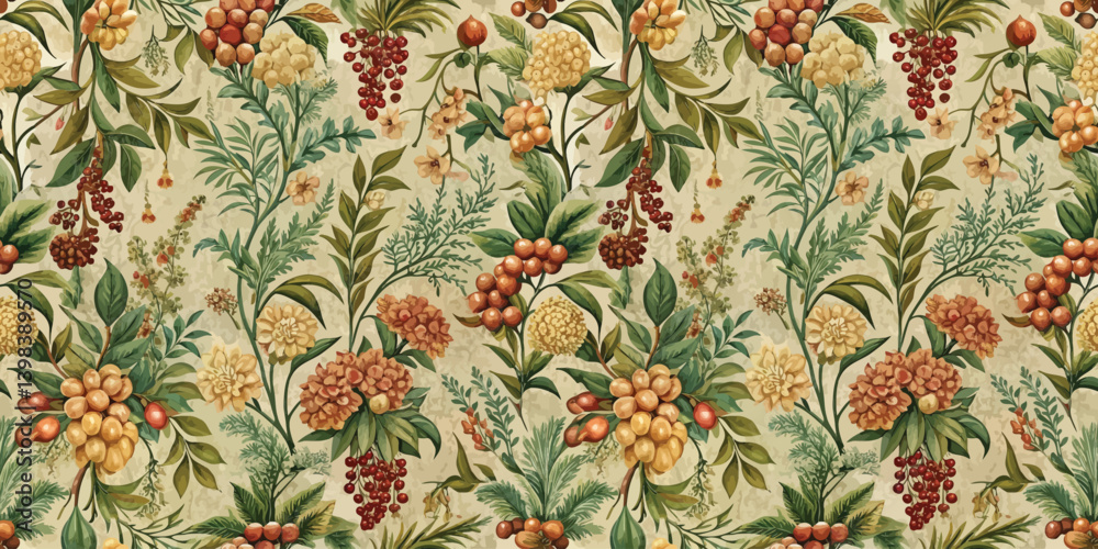 Fototapeta Floral pattern featuring diverse botanical elements in soft earthy tones.