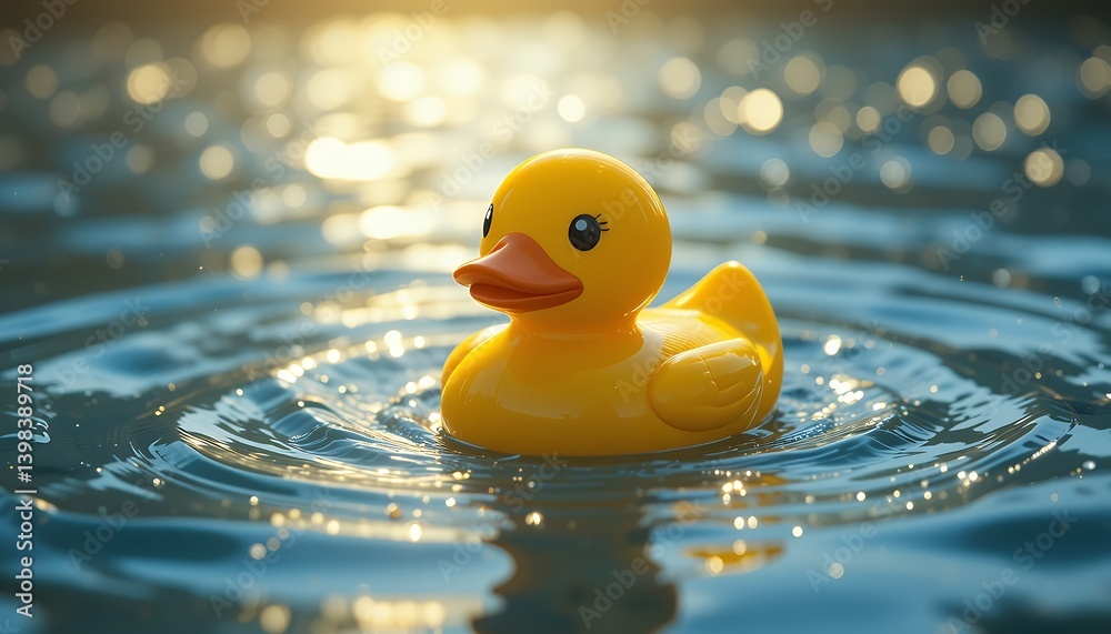 Floating Yellow Duck Toy on Water with Sunlit Ripples Floating Yellow Duck Toy on Water with Sunlit Ripples