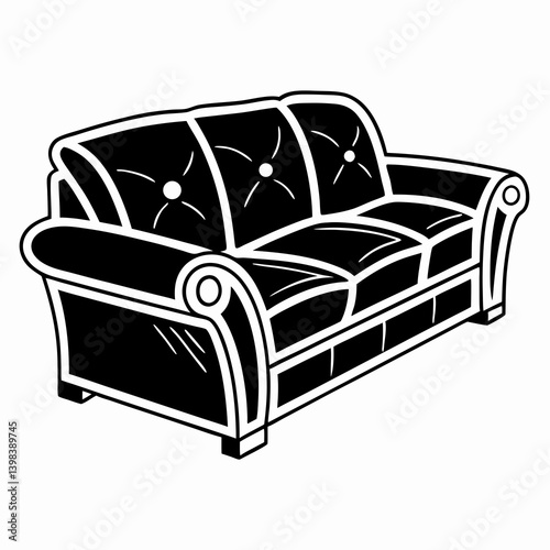 Modern black leather sofa silhouette with detailed buttoned design


