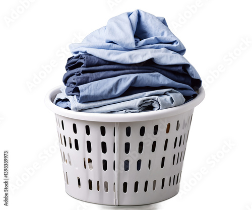 Overflowing laundry basket filled with a variety of pastel blue linens creates a sense of domesticity and coziness that will brighten your visuals and add a touch of serenity photo