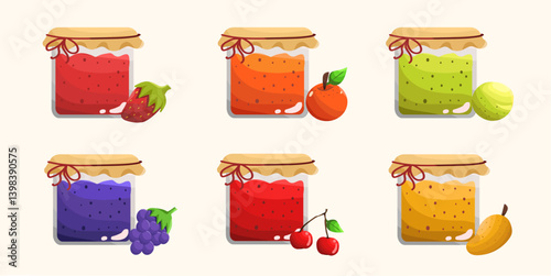 Fruit Jam, Summer Fruits in Jars Strawberry, Orange, Guava, Grape, Cherry, Mango
