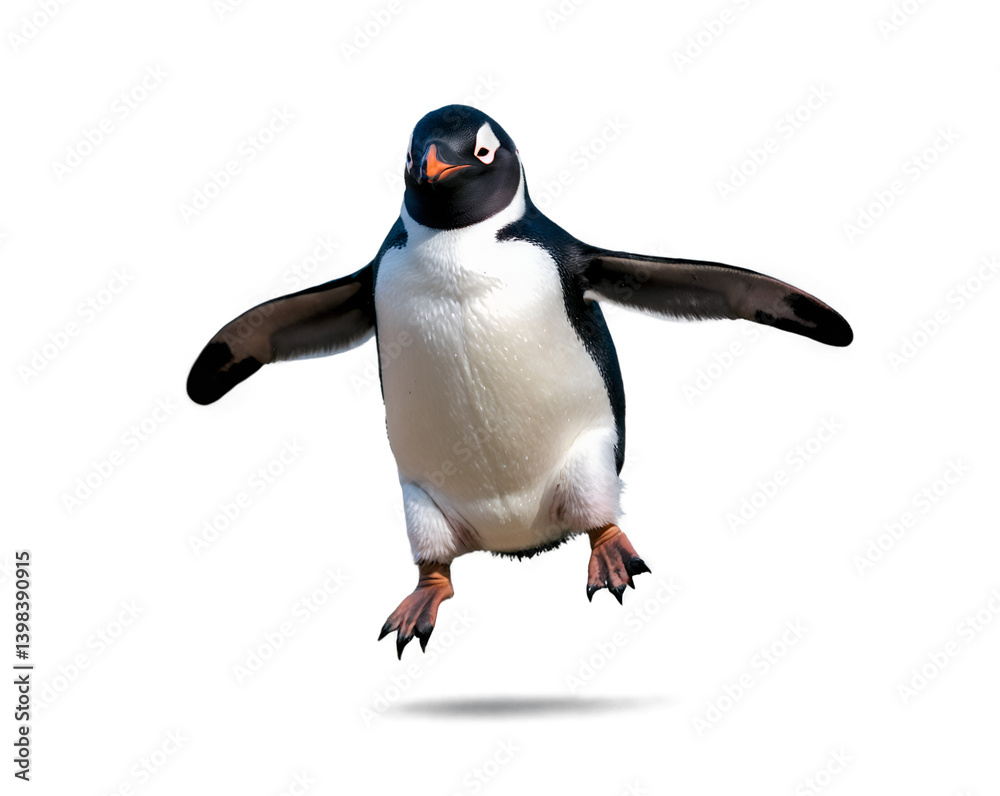 Obraz premium Playful Penguin Leaping with Joy on Isolated Background, A Captivating Image of Wildlife in Motion, Perfect for Nature and Animal Lovers, Eliciting Fun and Cheerfulness