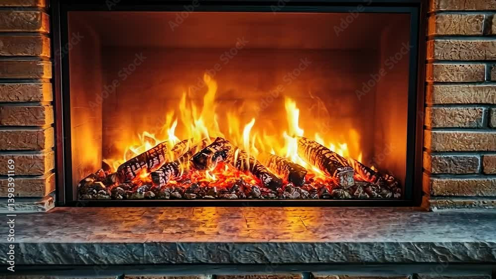 Cozy fireplace with burning wood, interior home Cozy fireplace with burning wood, interior home