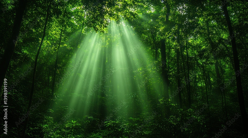 Fototapeta premium Sunlight filtering through dense forest canopy