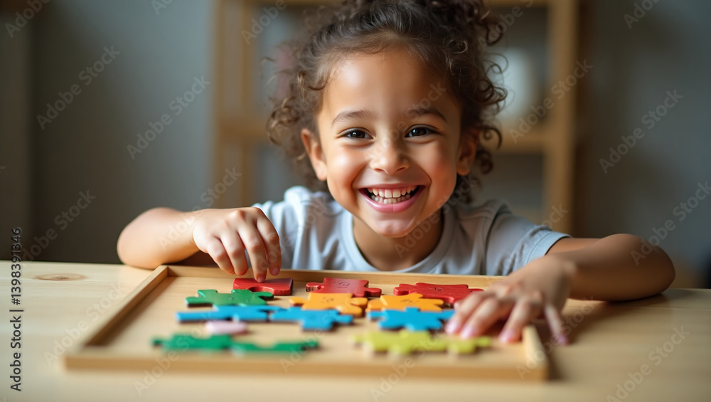 Fototapeta premium Happy child putting together a puzzle. Bright colors, child playing in his room. Close-up.