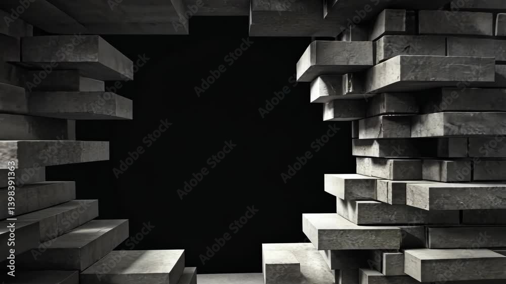 Abstract dark hole in rough stacked rectangular blocks, architectural interior design, modern art element with dimensional depth.
