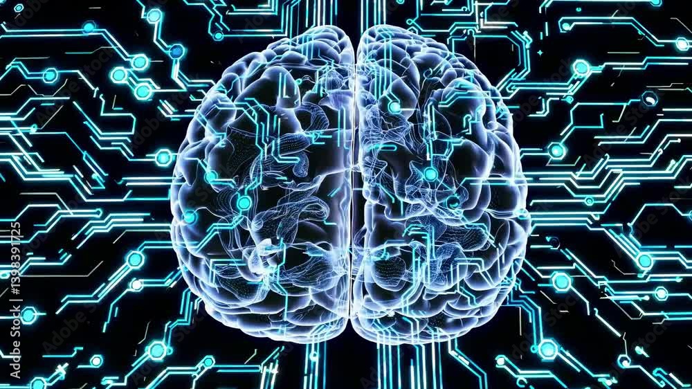 Futuristic video concept of a digital brain with glowing circuits. Top-down angle highlights the intricate network of connections and technology. Live desktop wallpaper.