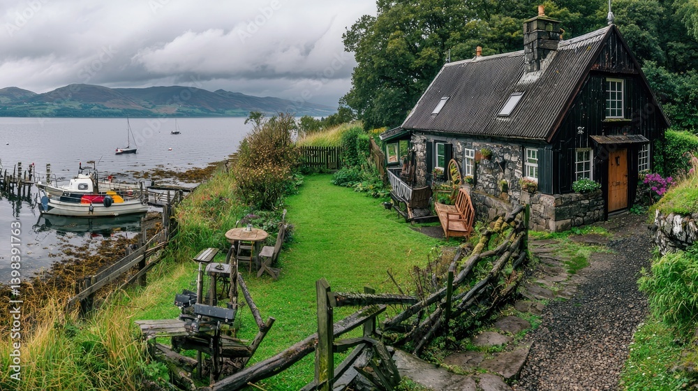 Fototapeta premium A charming cottage next to calm water and a beautiful landscape