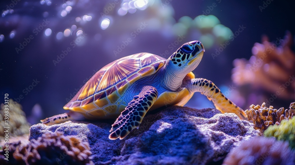 Fototapeta premium Colorful Sea Turtle Swimming Among Vibrant Coral Reef Underwater