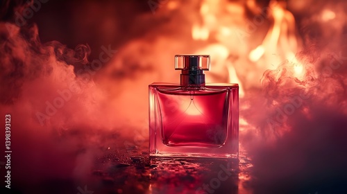 A perfume bottle on a dark background with red light and fire blazing.Concept:passion, intensity, and luxury, ideal for high-end fragrance advertising, bold branding, or dramatic visual storytelling.