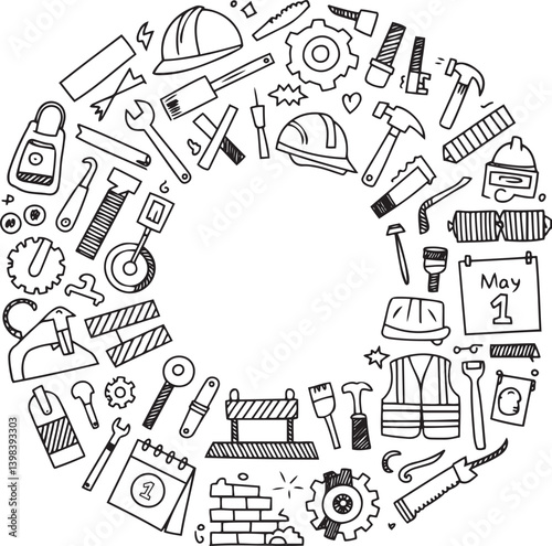 Hand-drawn style construction, labour tools and equipment doodle set